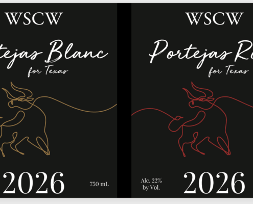 Two West Sandy Creek Winery Logos side by side. One with a yellow outline of a bull and the other with a red outline of a bull.